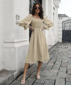 J+j Beige Smocked Square Neck Dress