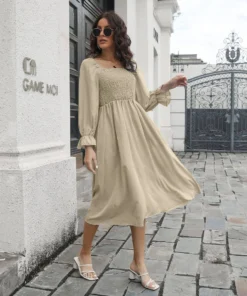 J+j Beige Smocked Square Neck Dress