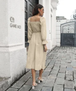 J+j Beige Smocked Square Neck Dress