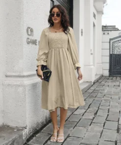 J+j Beige Smocked Square Neck Dress