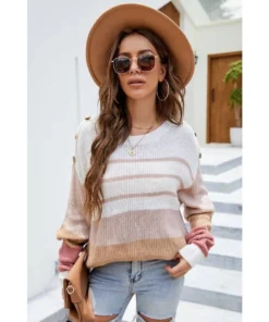 J+j Tops White Multi Striped Oversized Long Sleeve Sweater