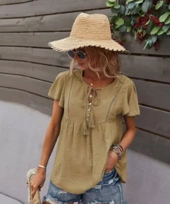 J+j Tops Beige Tie Neck Flowy Sleeve Blouse