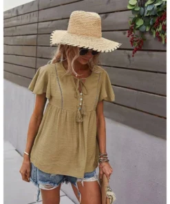 J+j Tops Beige Tie Neck Flowy Sleeve Blouse