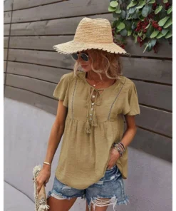J+j Tops Beige Tie Neck Flowy Sleeve Blouse