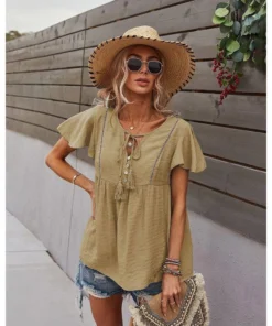 J+j Tops Beige Tie Neck Flowy Sleeve Blouse
