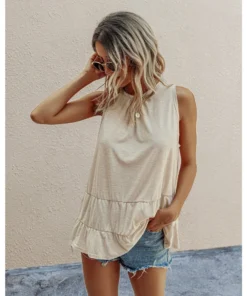 J+j Tops Beige Round Neck Tiered Hem Blouse