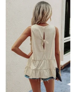 J+j Tops Beige Round Neck Tiered Hem Blouse