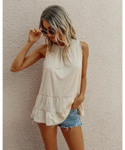 J+j Tops Beige Round Neck Tiered Hem Blouse